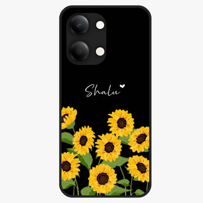 Sunflower Chic Mood Custom Name Glass Case showing flat back view with stylish sunflower artwork and personalized name design.