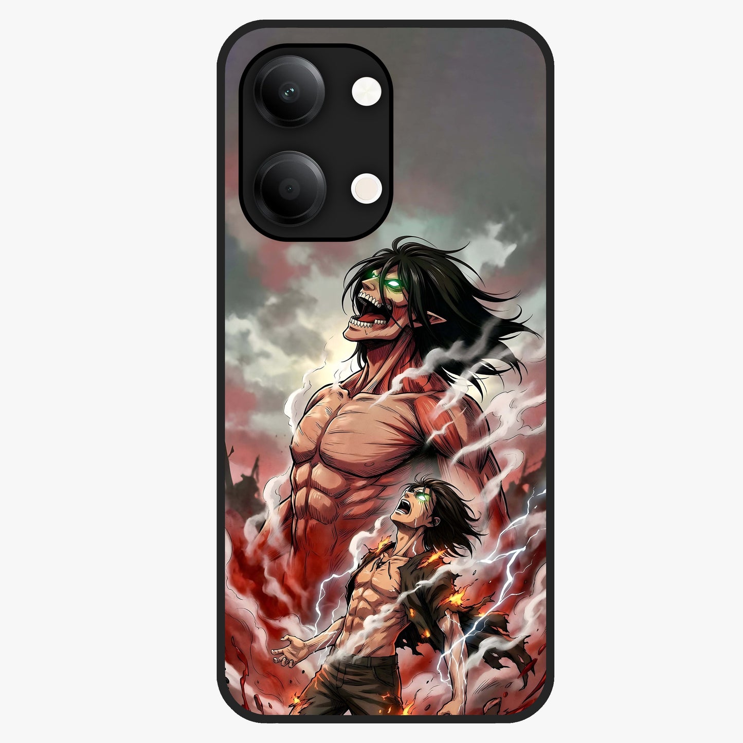 Titan Awakening Fury Glass Case showing flat back view with powerful titan inspired artwork and glossy glass finish.