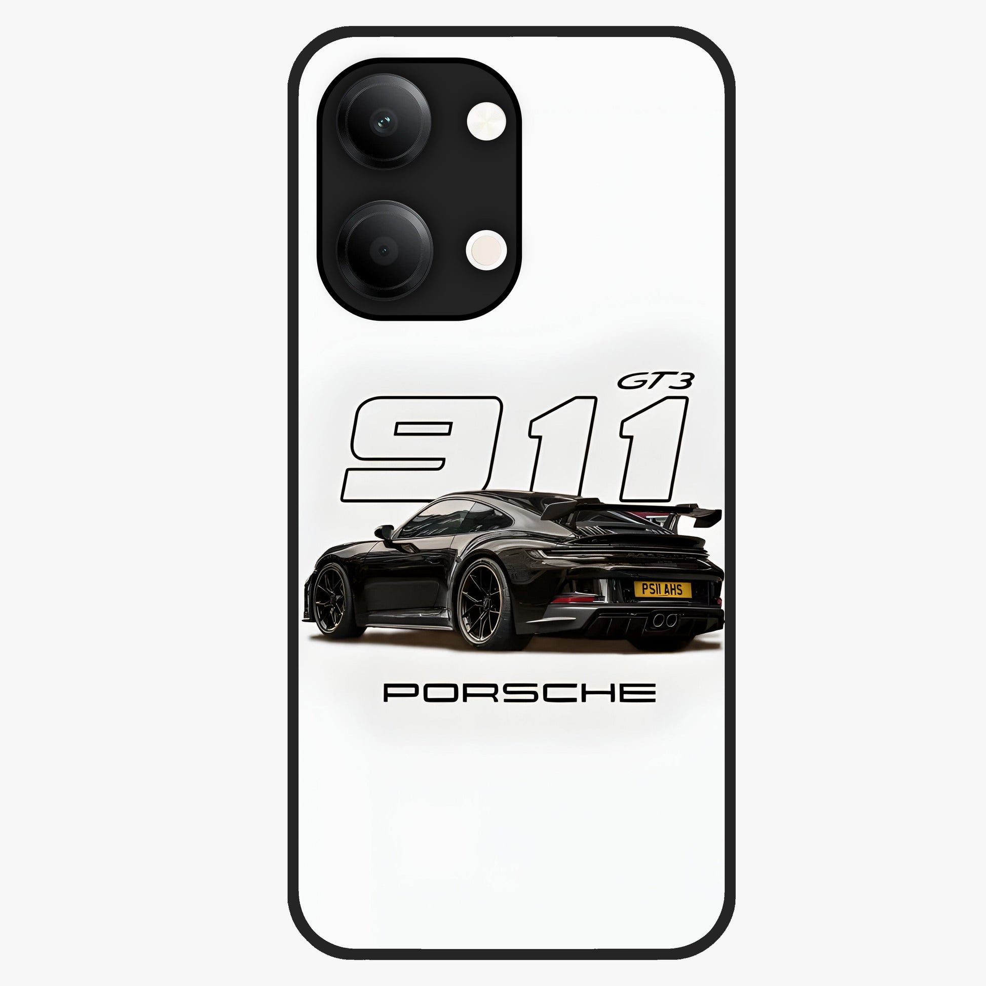 Turbo Legacy Icon Glass Case showing flat back view with iconic sports car inspired artwork and glossy glass finish.