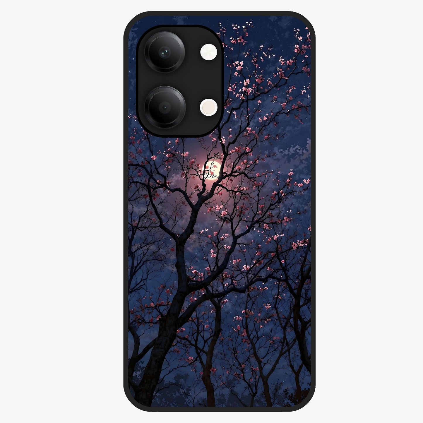 Twilight Sakura Serenade Glass Case showing flat back view with cherry blossom artwork at twilight and glossy glass finish.