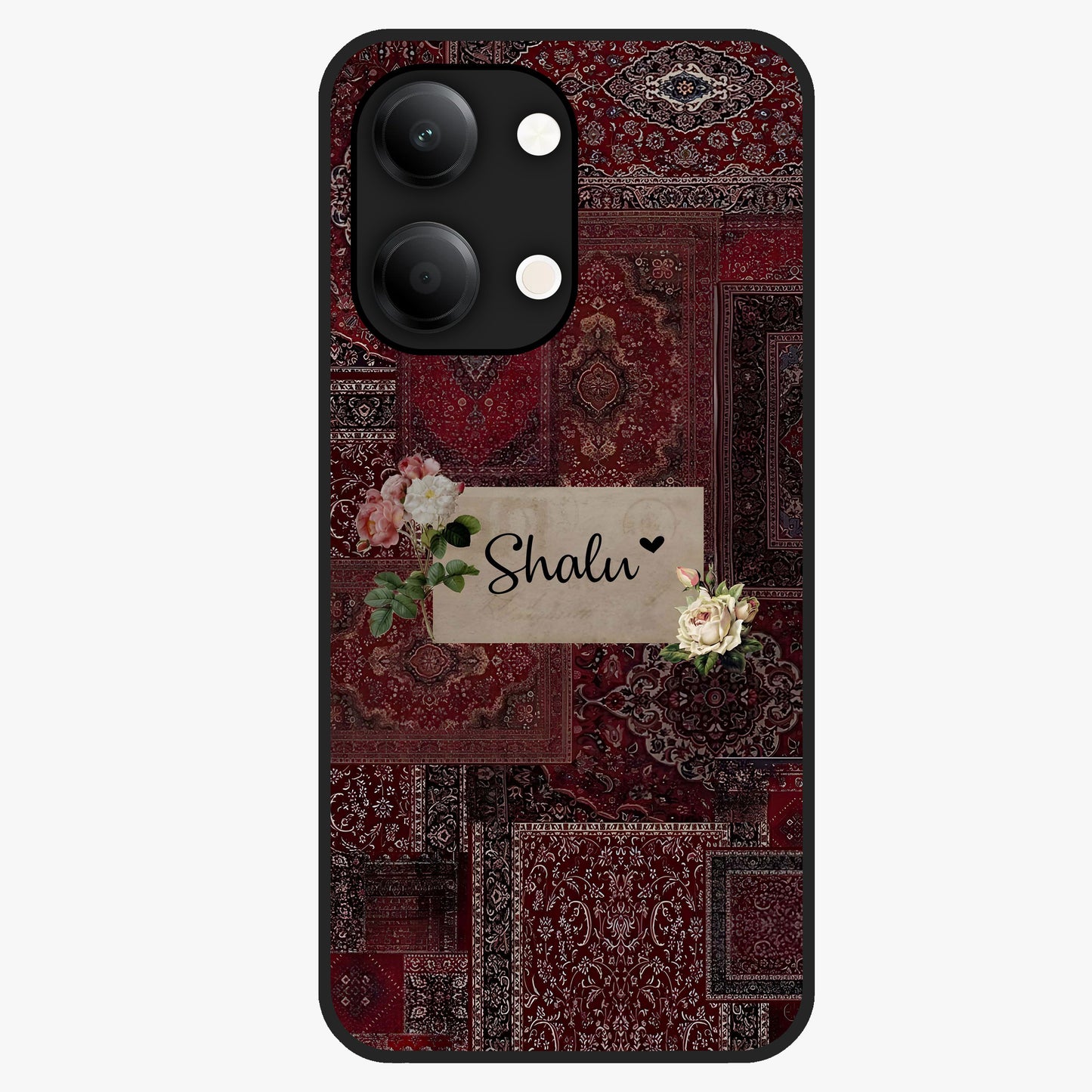Velvet Wine Pattern Custom Name Glass Case showing flat back view with elegant wine colored pattern artwork and personalized name design.