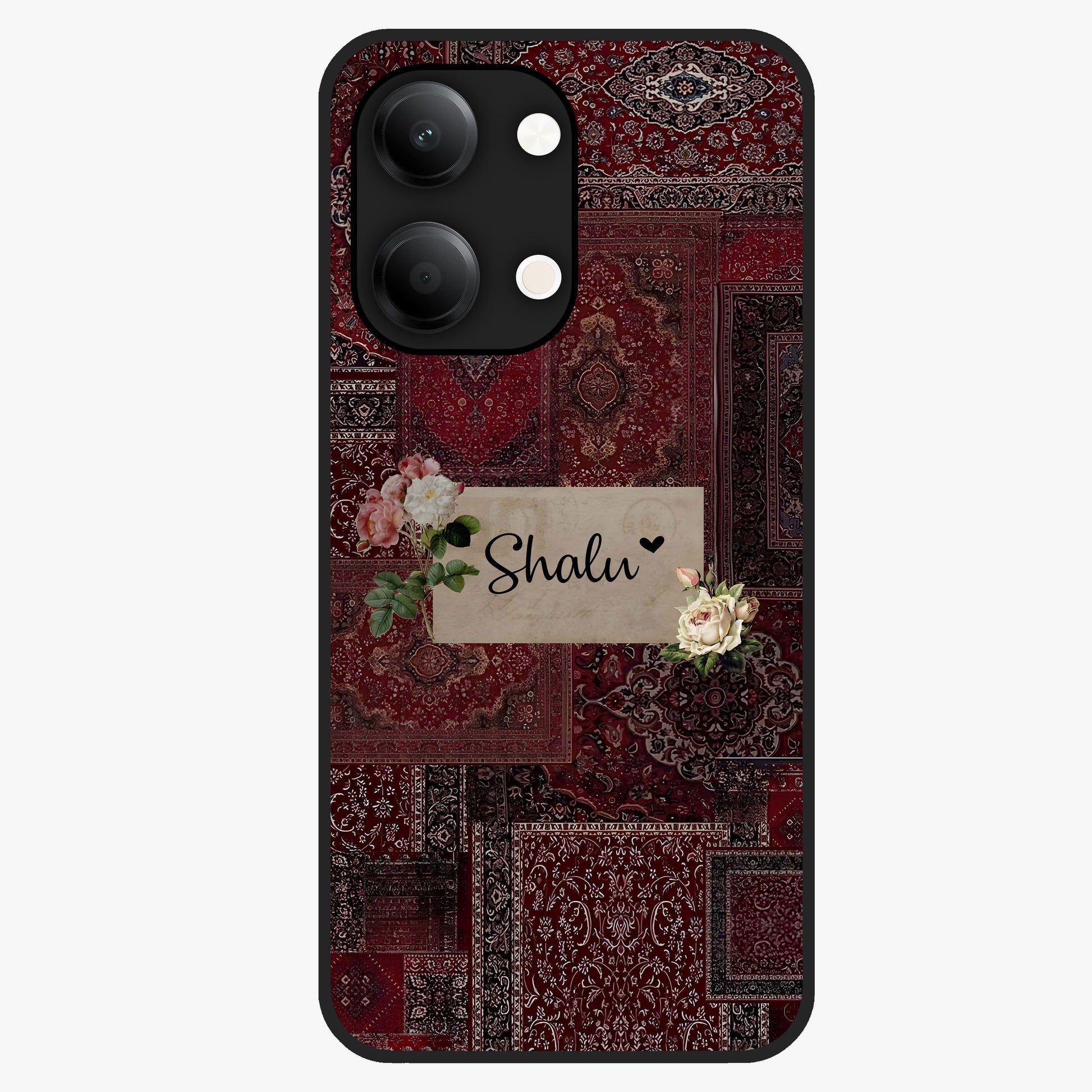 Velvet Wine Pattern Custom Name Glass Case showing flat back view with elegant wine colored pattern artwork and personalized name design.