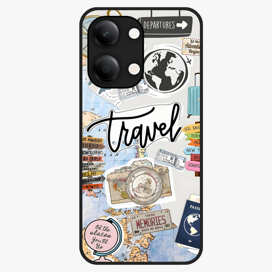Wanderlust Journal Glass Case showing flat back view with travel inspired artwork and glossy glass finish.