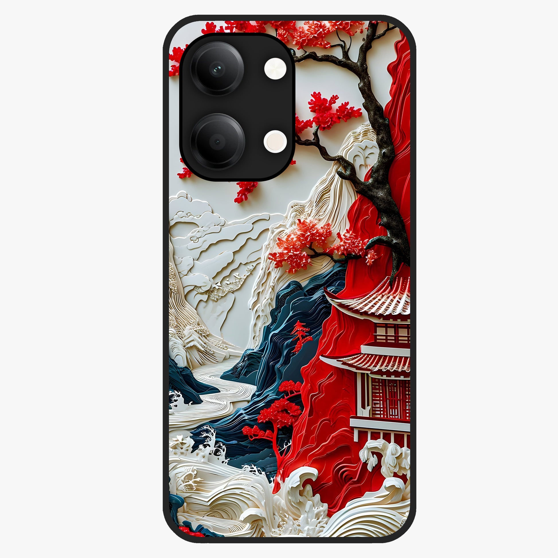Whispers Of Sakura Waves Glass Case showing flat back view with cherry blossom wave artwork and glossy glass finish.