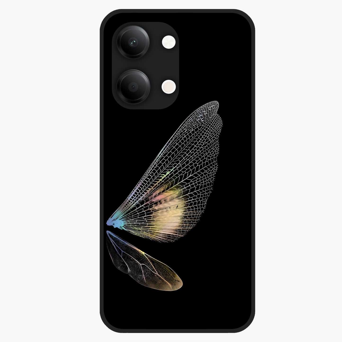 Whispers Of Wings Glass Case showing flat back view with graceful wing inspired artwork and glossy glass finish.