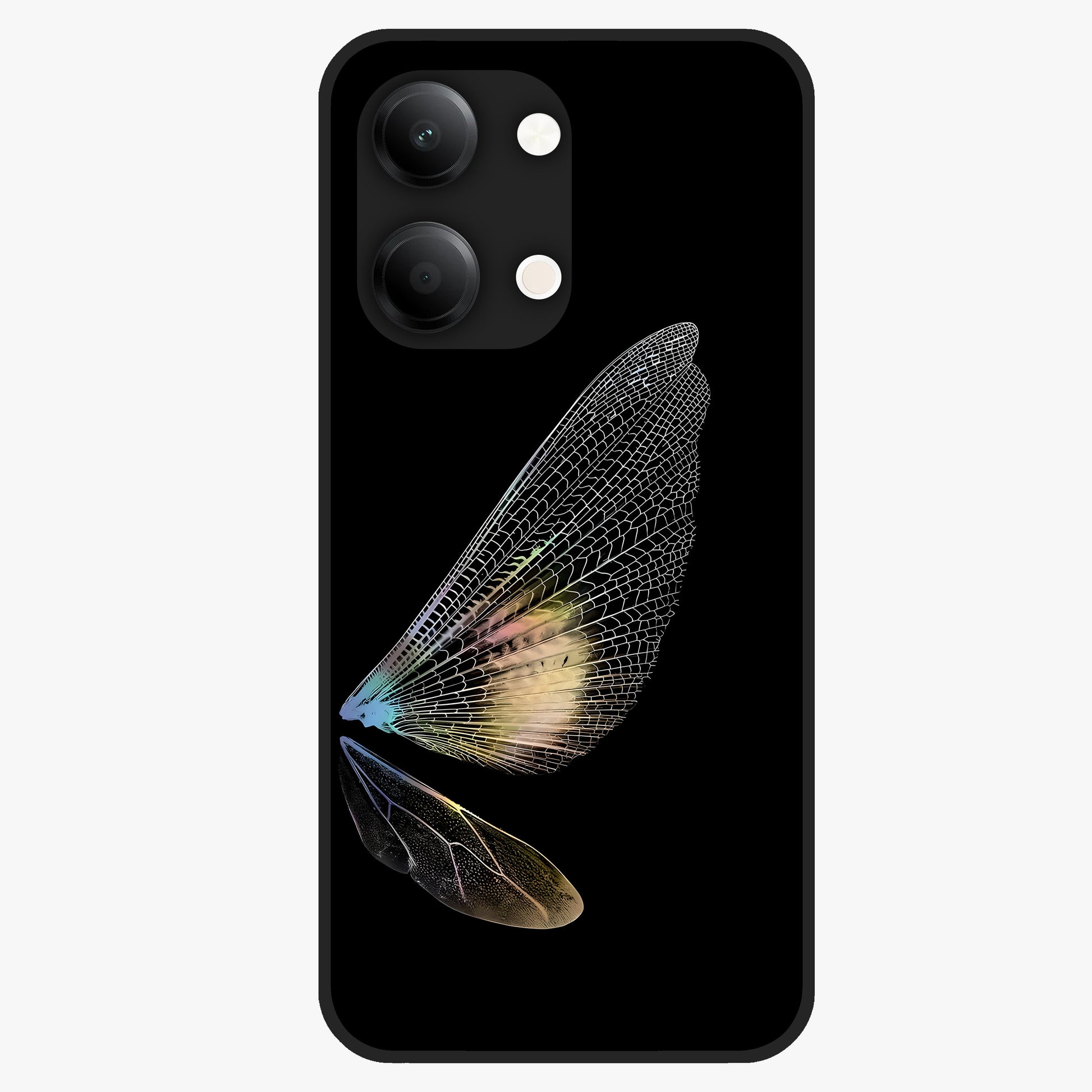Whispers Of Wings Glass Case showing flat back view with graceful wing inspired artwork and glossy glass finish.