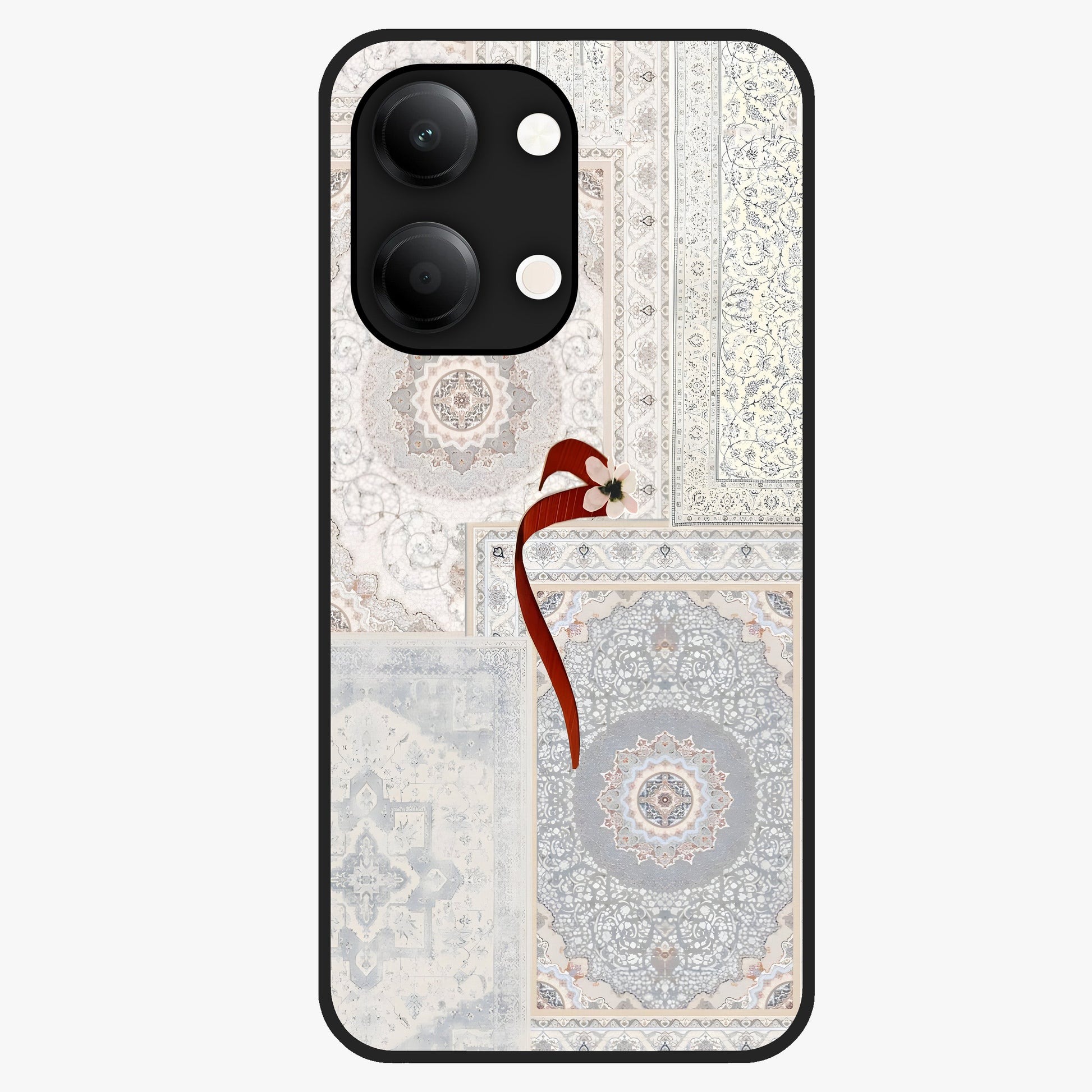 White Aesthetic Bow Glass Case showing flat back view with minimal bow artwork and glossy glass finish.