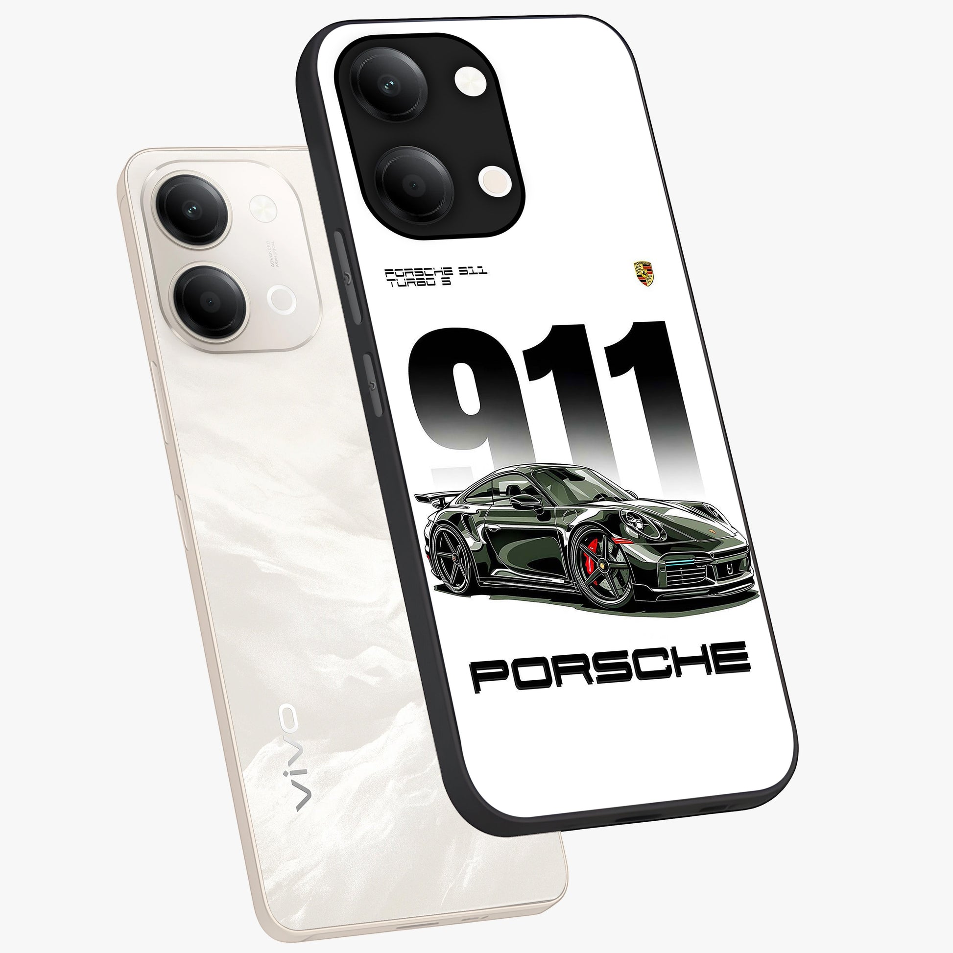 911 Turbo Dominance Glass Case displayed in premium angled mockup highlighting sporty car illustration and sleek glass surface.