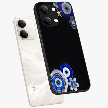 Aesthetic Blue Evil Eye Glass Case displayed in angled mockup highlighting blue evil eye symbol and spiritual aesthetic design.