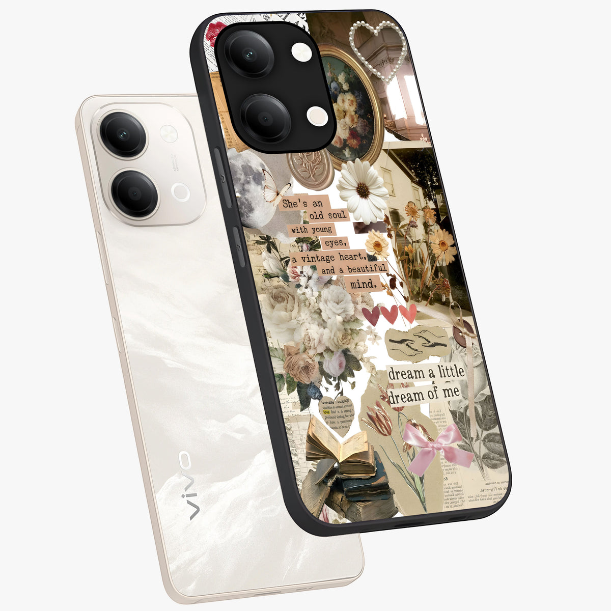 Aesthetic Brown Vintage Collage Glass Case displayed in angled mockup highlighting vintage aesthetic collage design.