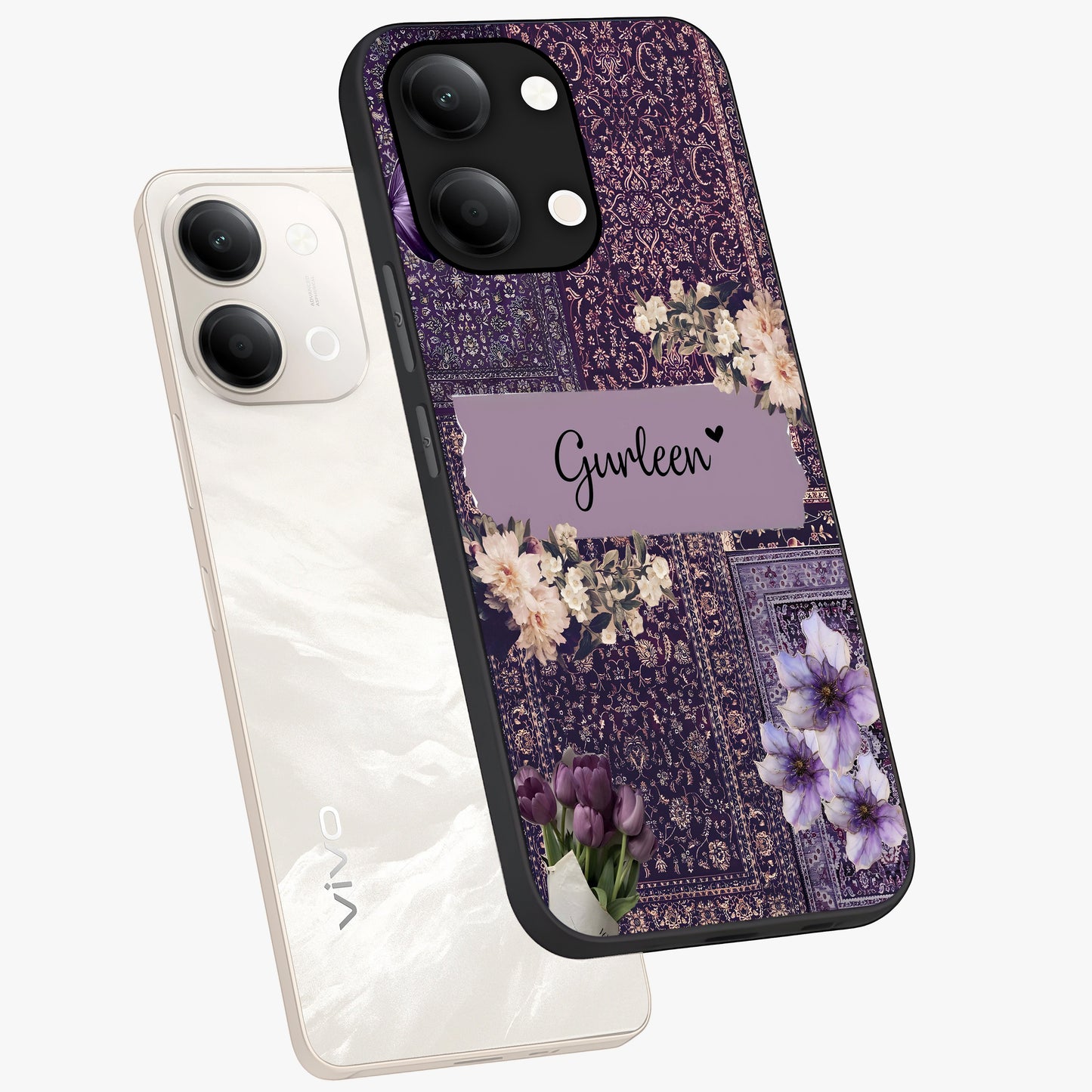 Antique Floral Whisper Custom Name Glass Case displayed in angled mockup highlighting elegant antique floral aesthetic.