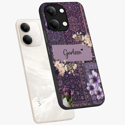 Antique Floral Whisper Custom Name Glass Case displayed in angled mockup highlighting elegant antique floral aesthetic.