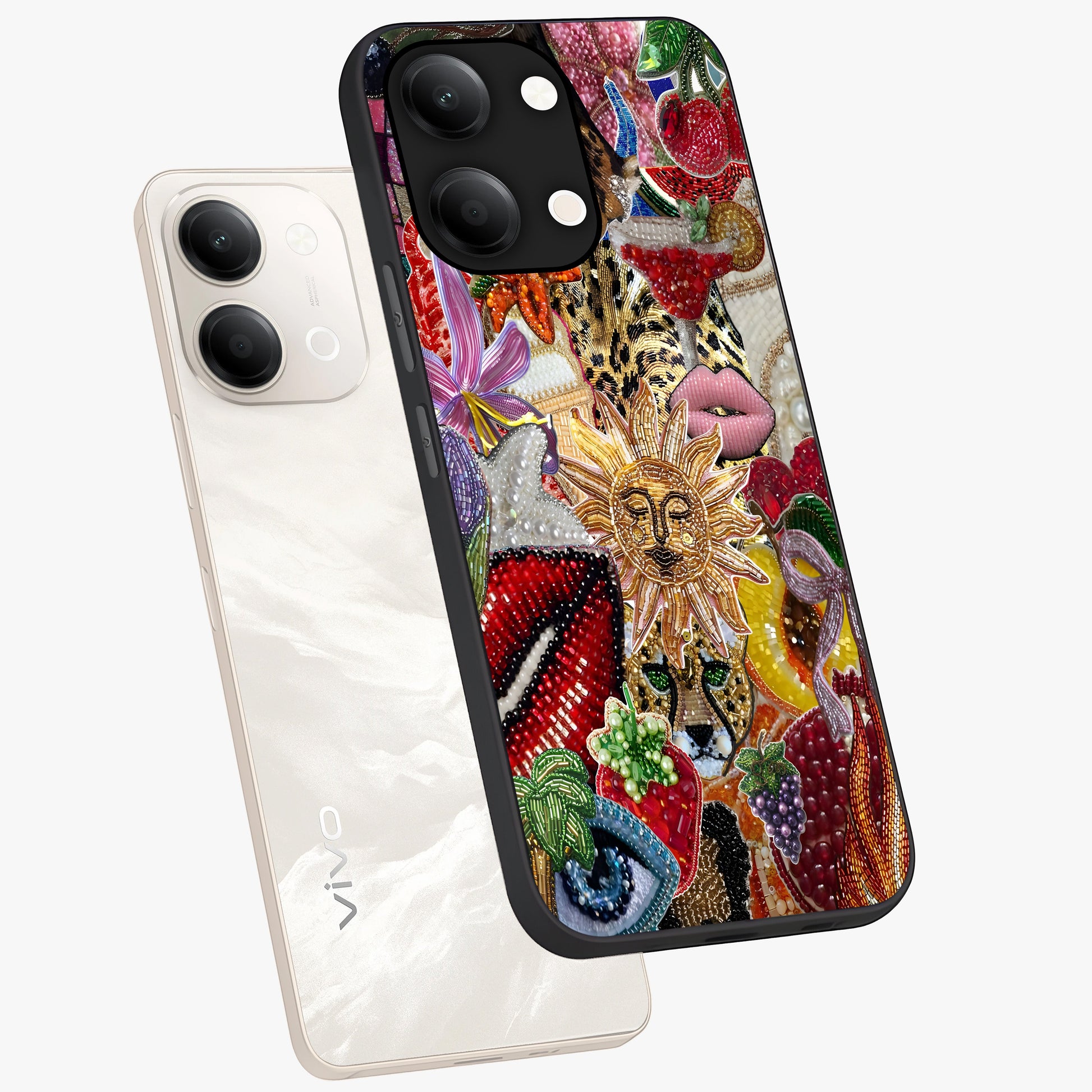 Beaded Fashion Jungle Glass Case displayed in angled mockup highlighting colorful fashion bead design and artistic pattern.