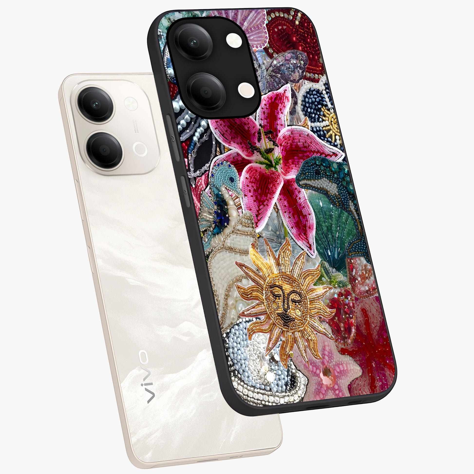 Beaded Garden Fantasy Glass Case displayed in angled mockup highlighting fantasy inspired floral bead pattern.
