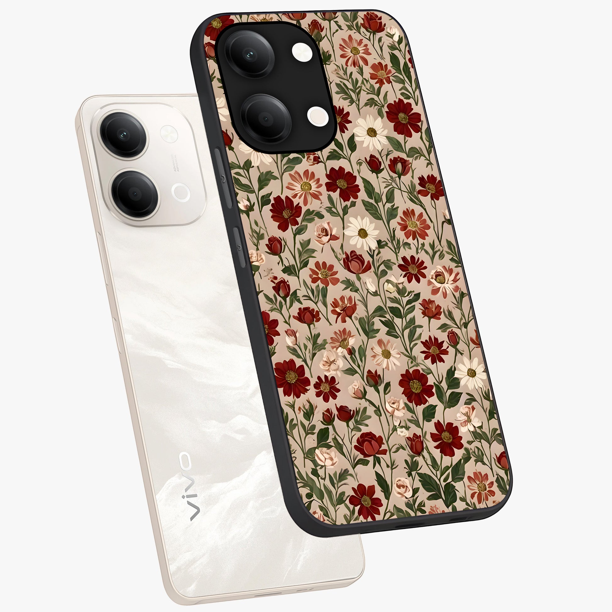 Biege Flower With Leaf Glass Case displayed in angled mockup highlighting minimal floral leaf design and elegant aesthetic.