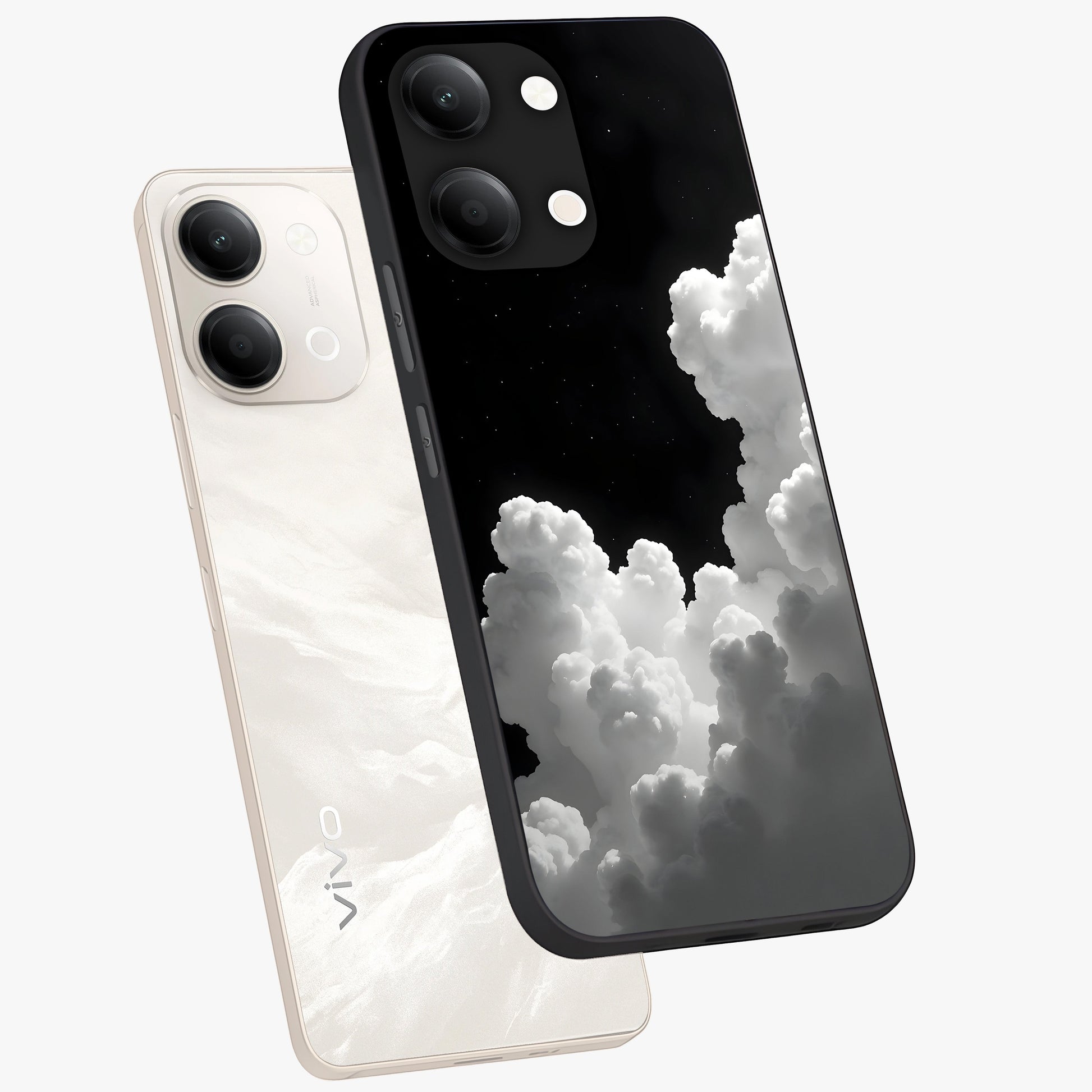 Black Background With White Cloud Glass Case displayed in angled mockup highlighting soft white cloud illustration and minimal design.
