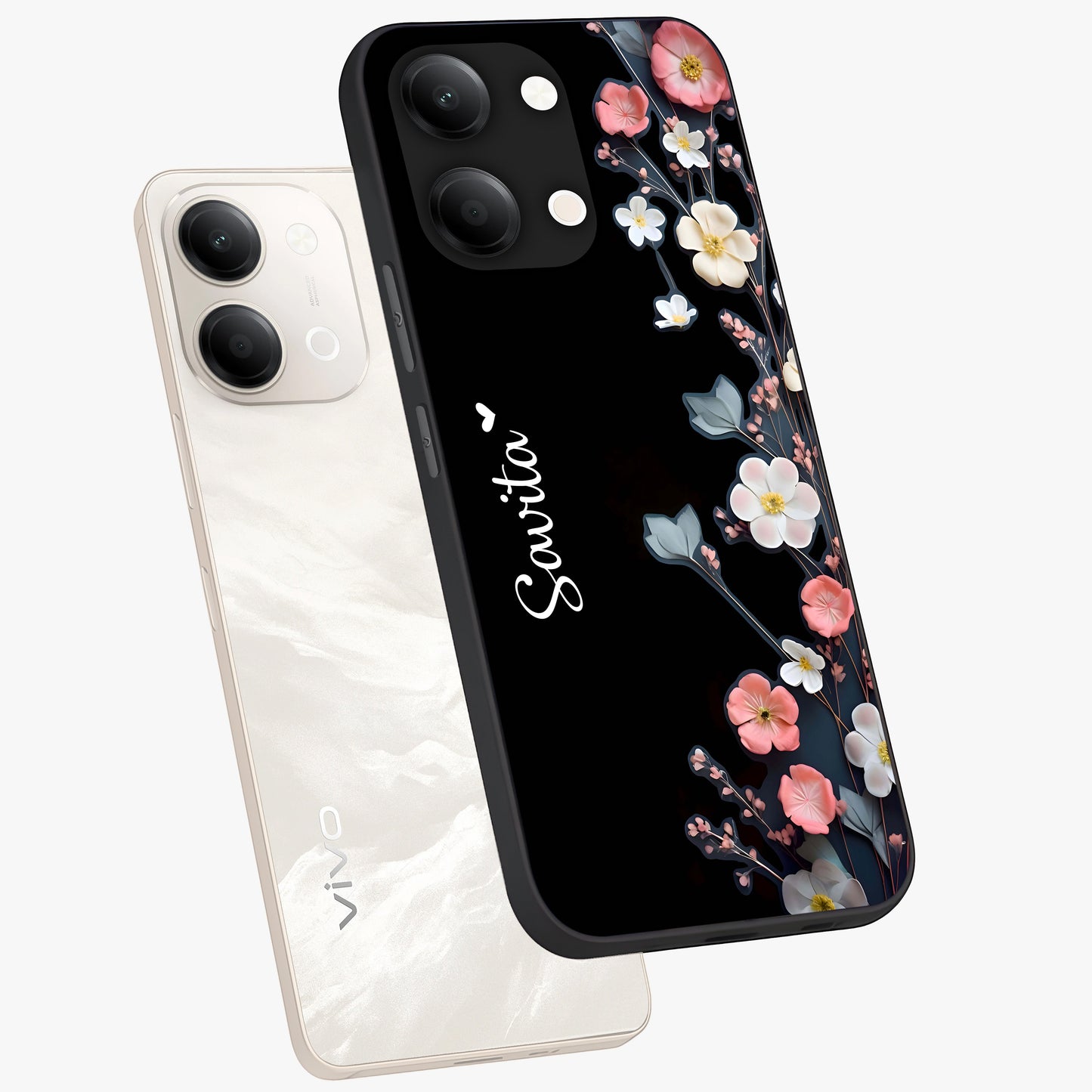 Black Elegance Floral Custom Name Glass Case displayed in angled mockup highlighting dark floral aesthetic and custom name feature.