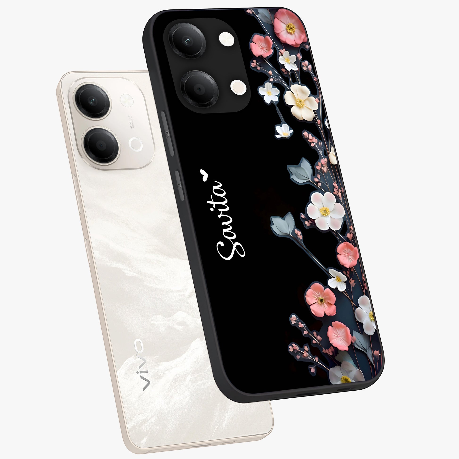 Black Elegance Floral Custom Name Glass Case displayed in angled mockup highlighting dark floral aesthetic and custom name feature.
