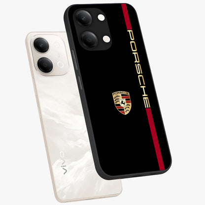 Black Minimal Porsche Glass Case displayed in angled mockup highlighting modern minimal car illustration and clean aesthetic design.