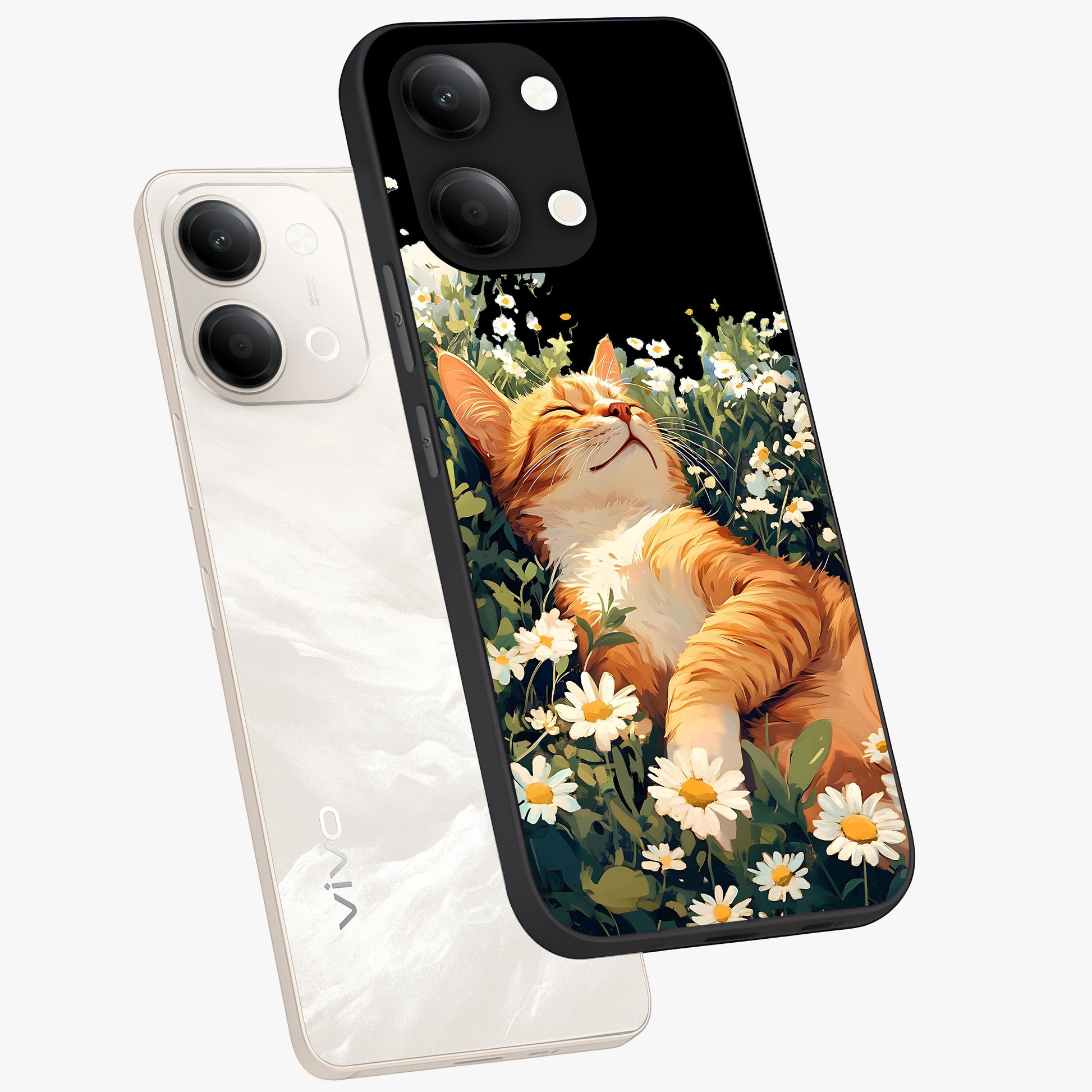 Blissful Bloom Cat Glass Case displayed in angled mockup highlighting playful feline illustration with soft floral aesthetic.