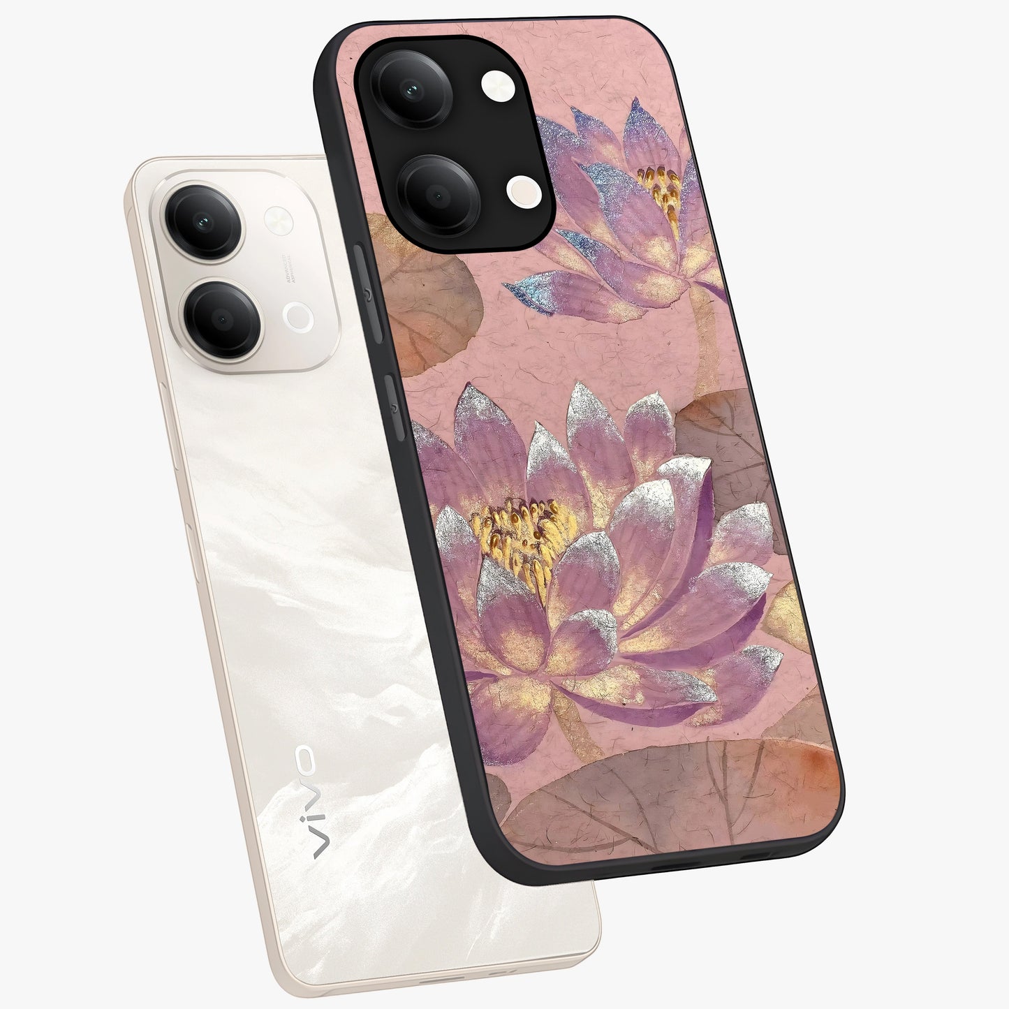 Blossom Mist Lotus Glass Case displayed in angled mockup highlighting delicate lotus illustration with calm aesthetic theme.