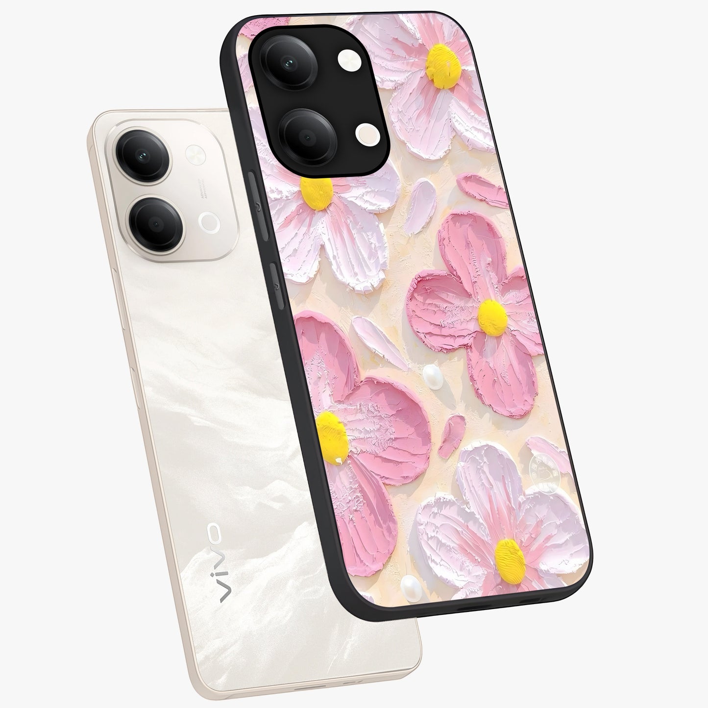 Blush Bloom Texture Glass Case displayed in angled mockup highlighting subtle bloom pattern with aesthetic pastel design.