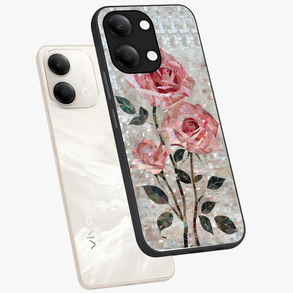 Blush Mosaic Bloom Glass Case displayed in angled mockup highlighting artistic mosaic flower pattern with aesthetic design.