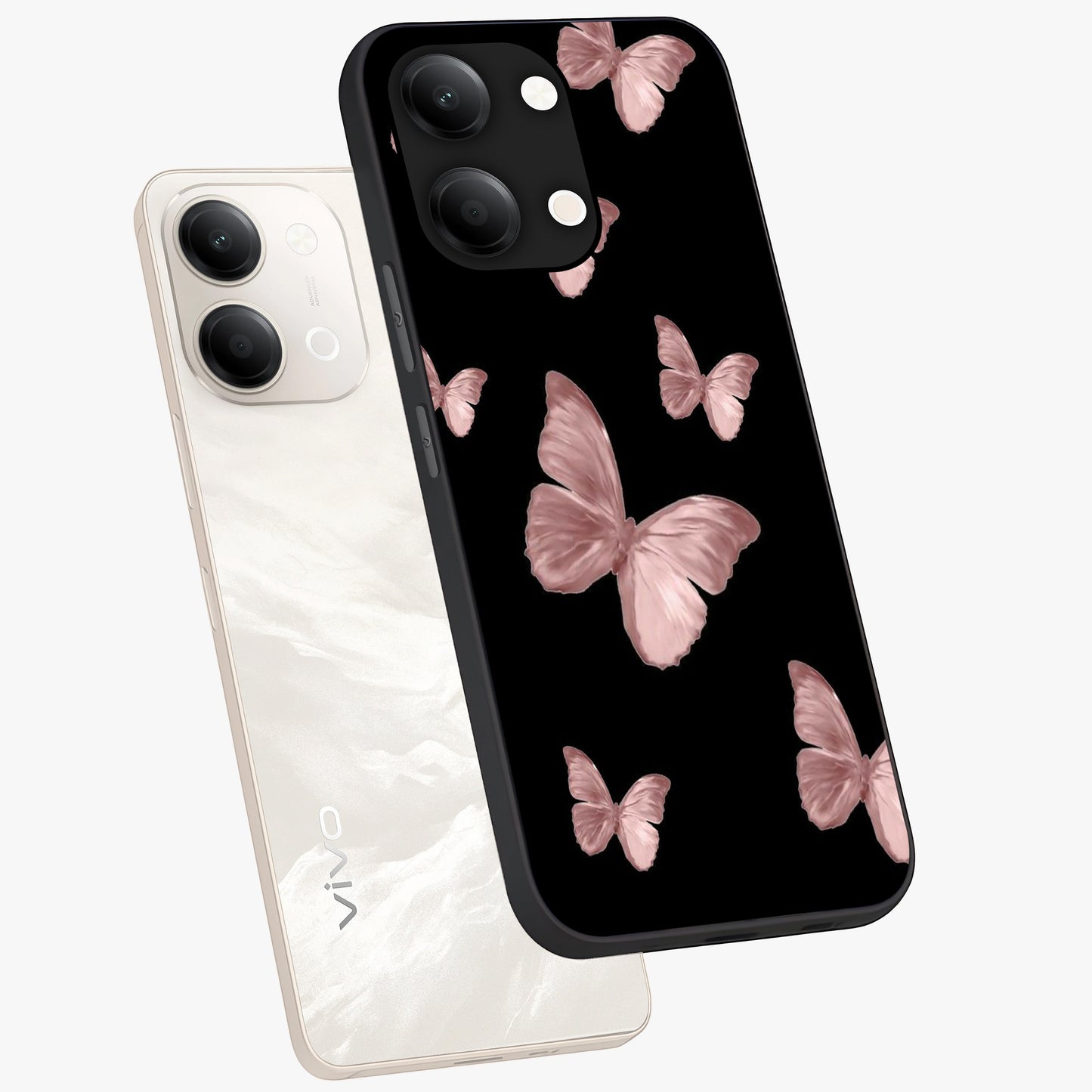 Butterfly Pattern Glass Case displayed in angled mockup highlighting delicate butterfly design and aesthetic pattern style.