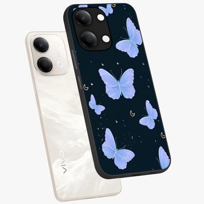 Butterfly With Stars Pattern Glass Case displayed in angled mockup highlighting dreamy butterfly and star design with aesthetic theme.