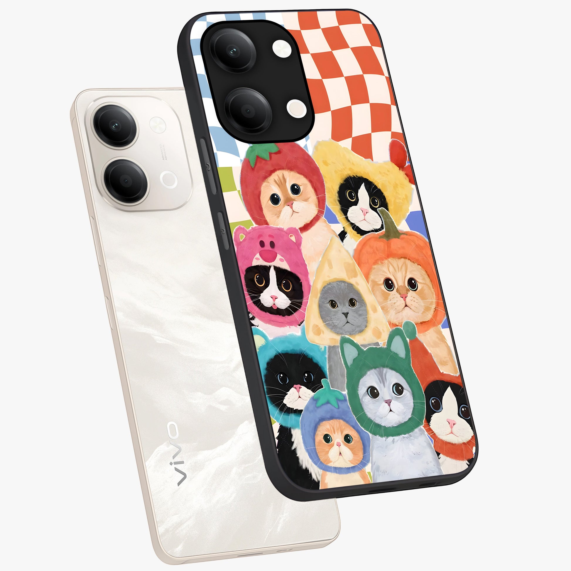 Cats in Fruits Glass Case displayed in angled mockup highlighting cute feline fruit design with colorful aesthetic style.