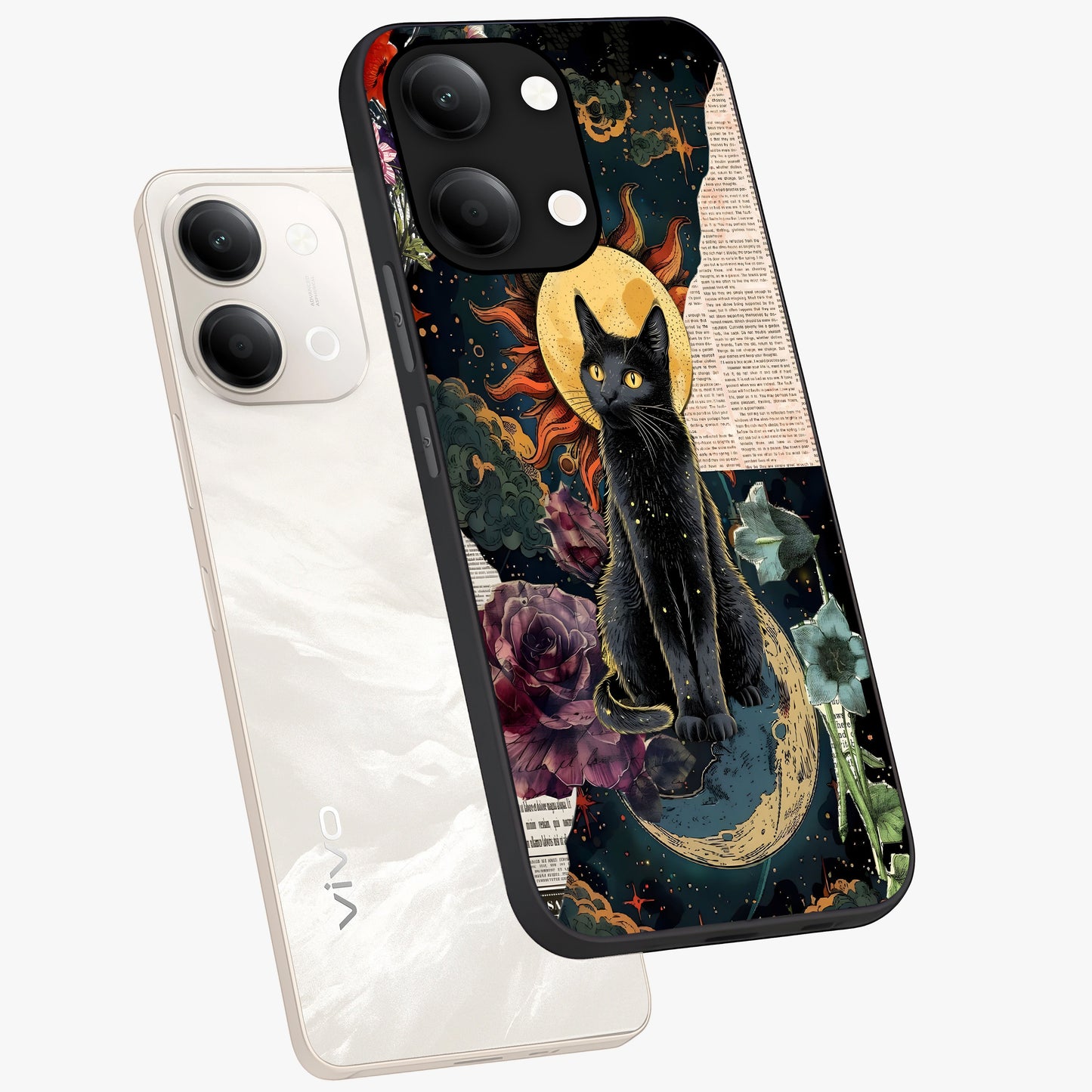 Celestial Black Cat Glass Case displayed in angled mockup highlighting cosmic black cat design with celestial aesthetic.