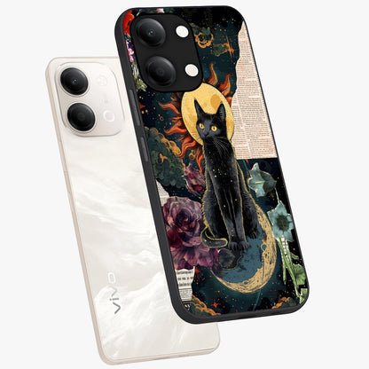 Celestial Black Cat Glass Case displayed in angled mockup highlighting cosmic black cat design with celestial aesthetic.