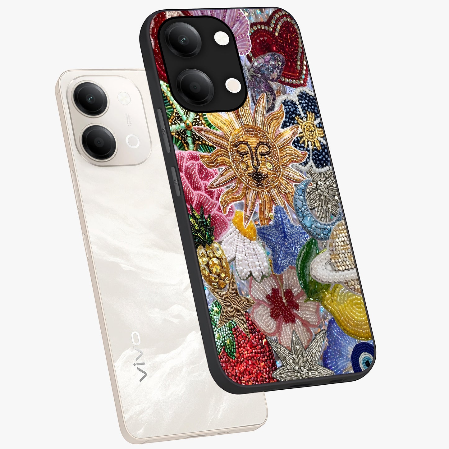 Celestial Floral and Playful Glass Case displayed in angled mockup highlighting playful floral design with dreamy celestial elements.