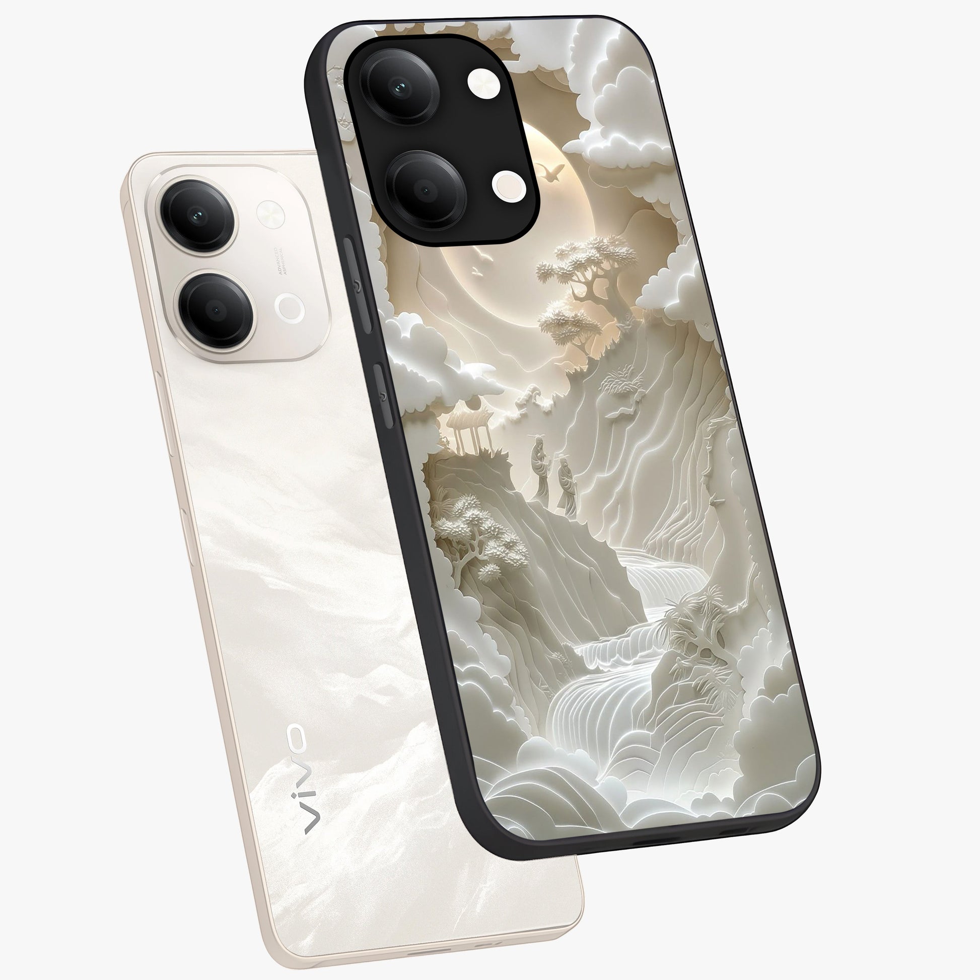 Celestial Origami Glass Case displayed in angled mockup highlighting geometric origami design with cosmic aesthetic theme.