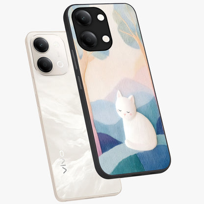 Cotton Dream Cat Glass Case displayed in angled mockup highlighting cute feline illustration with pastel aesthetic style.