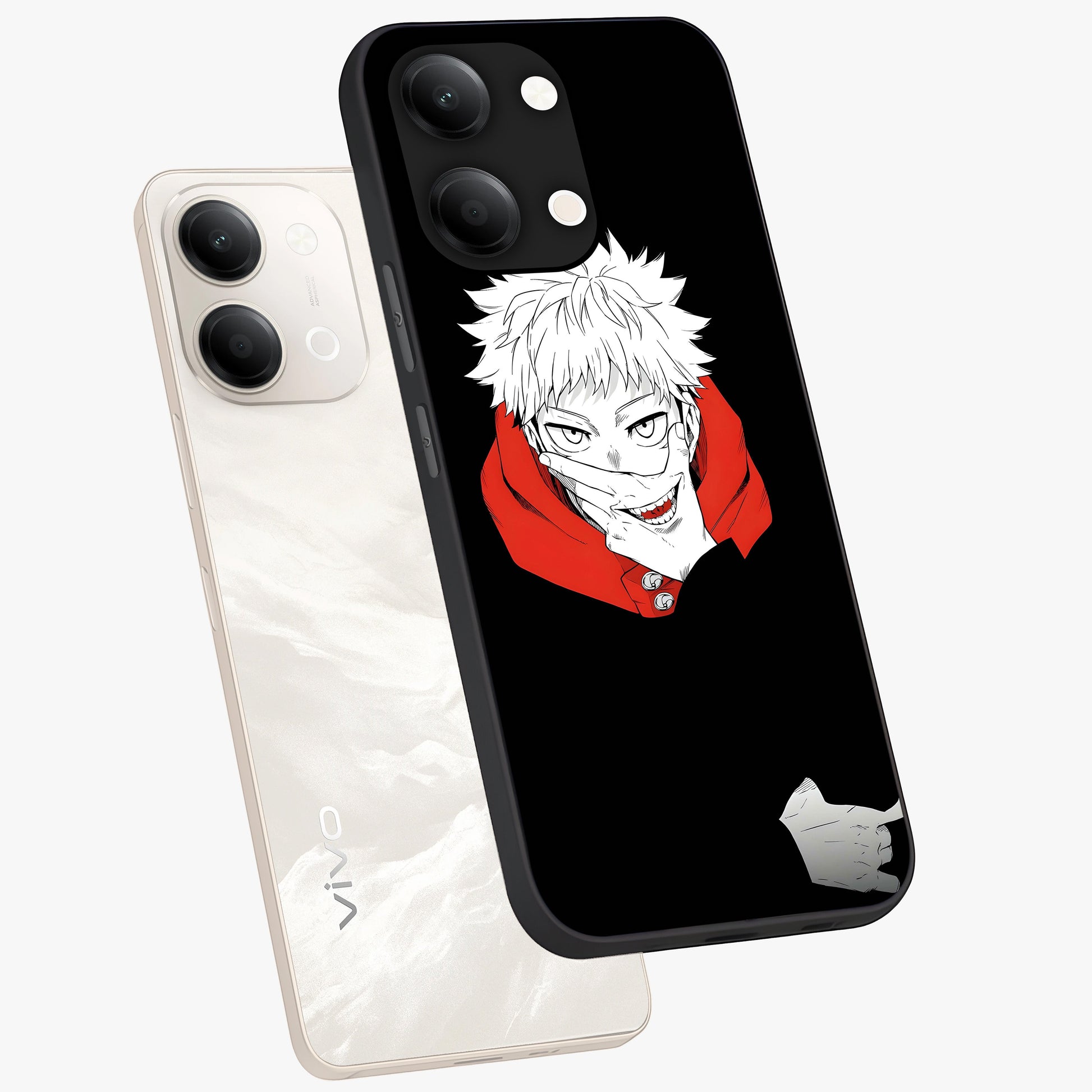 Crimson Chaos Smile Glass Case displayed in angled mockup highlighting edgy crimson smile design with graphic aesthetic.