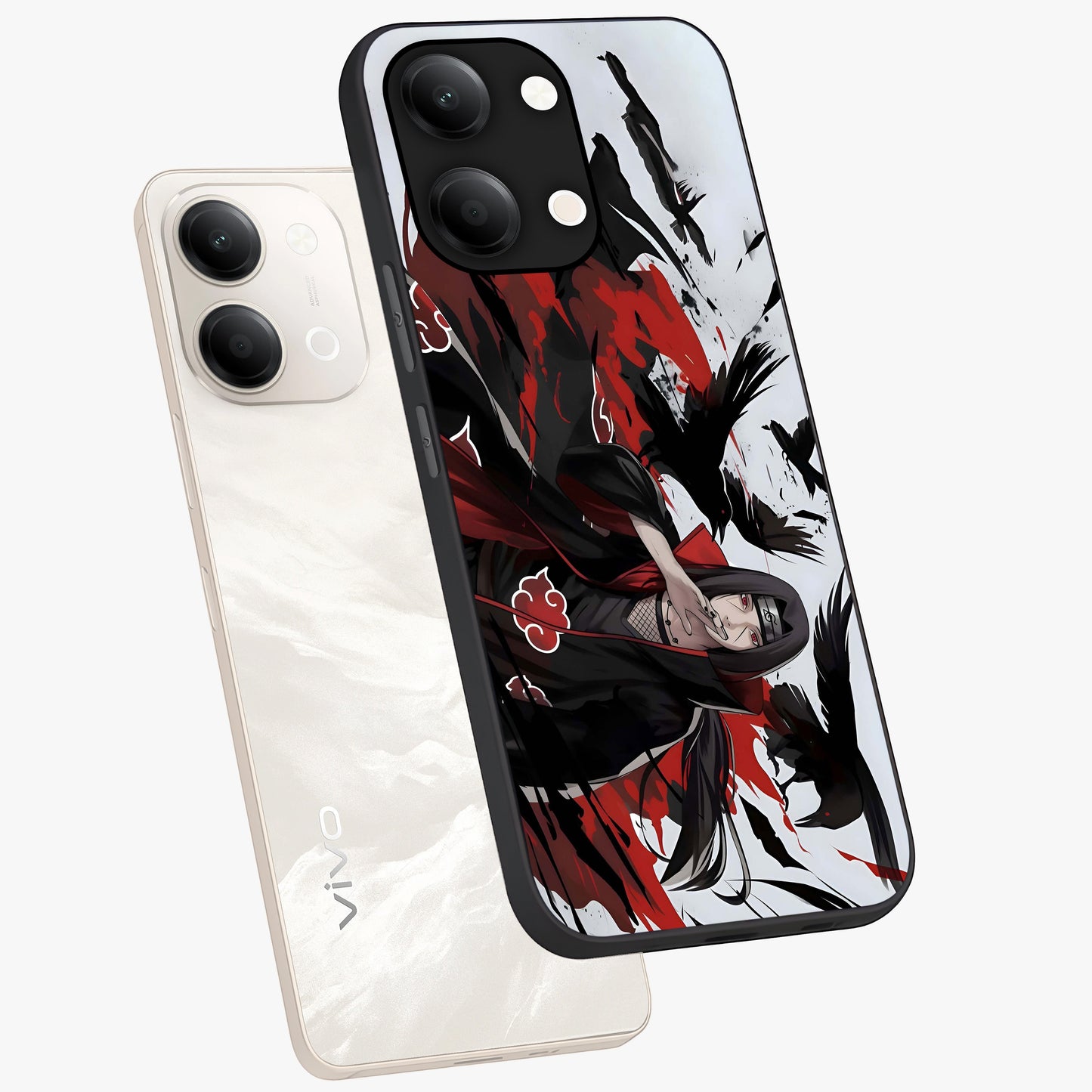 Crimson Crow Illusion Glass Case displayed in angled mockup highlighting mysterious crow graphic with dark aesthetic style.
