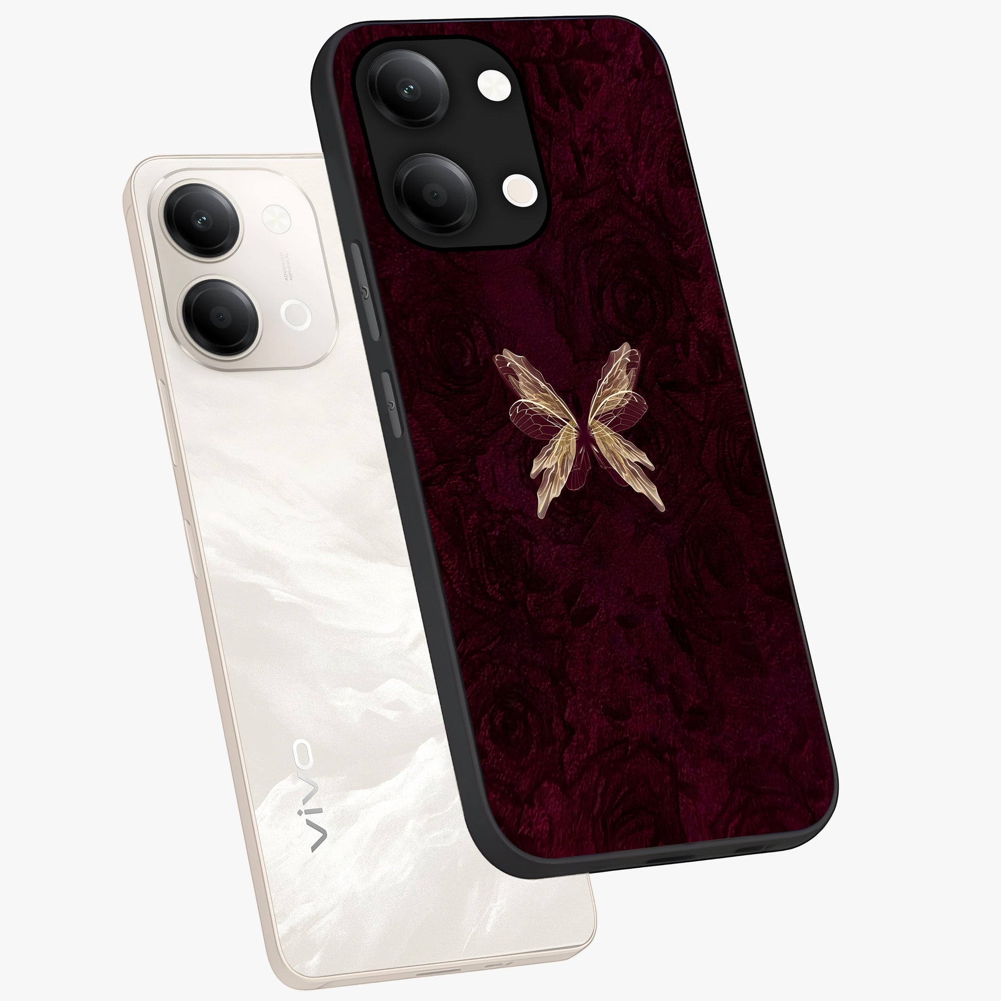 Crimson Fade Butterfly Glass Case displayed in angled mockup highlighting elegant butterfly design with crimson gradient aesthetic.