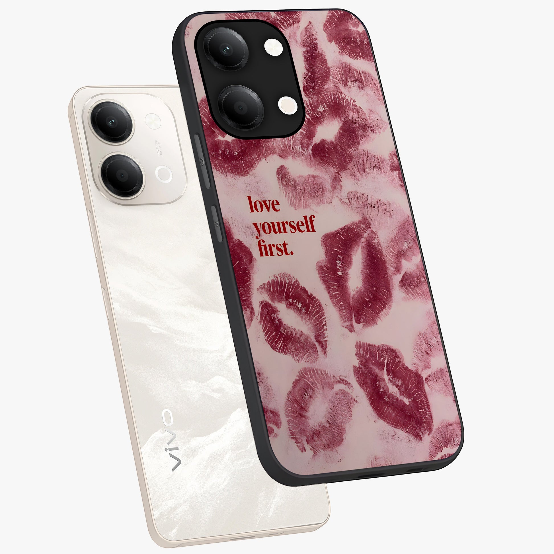 Crimson Kiss Love Glass Case displayed in angled mockup highlighting bold love inspired design with modern aesthetic style.