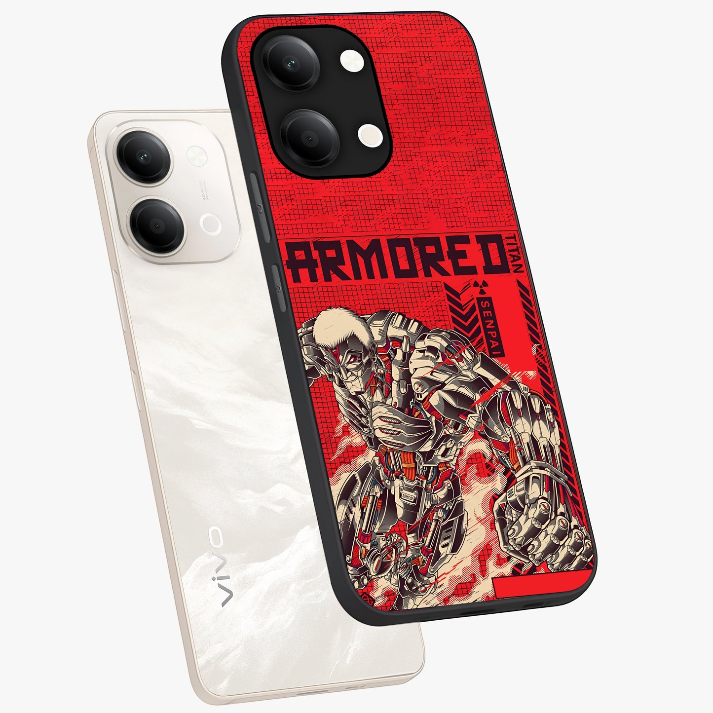 Crimson Mecha Titan Glass Case displayed in angled mockup highlighting futuristic mech illustration with bold crimson aesthetic.