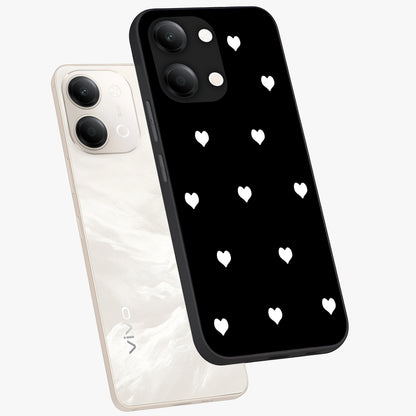 Cute And Simple White Hearts Glass Case displayed in angled mockup highlighting cute heart design with clean aesthetic style.