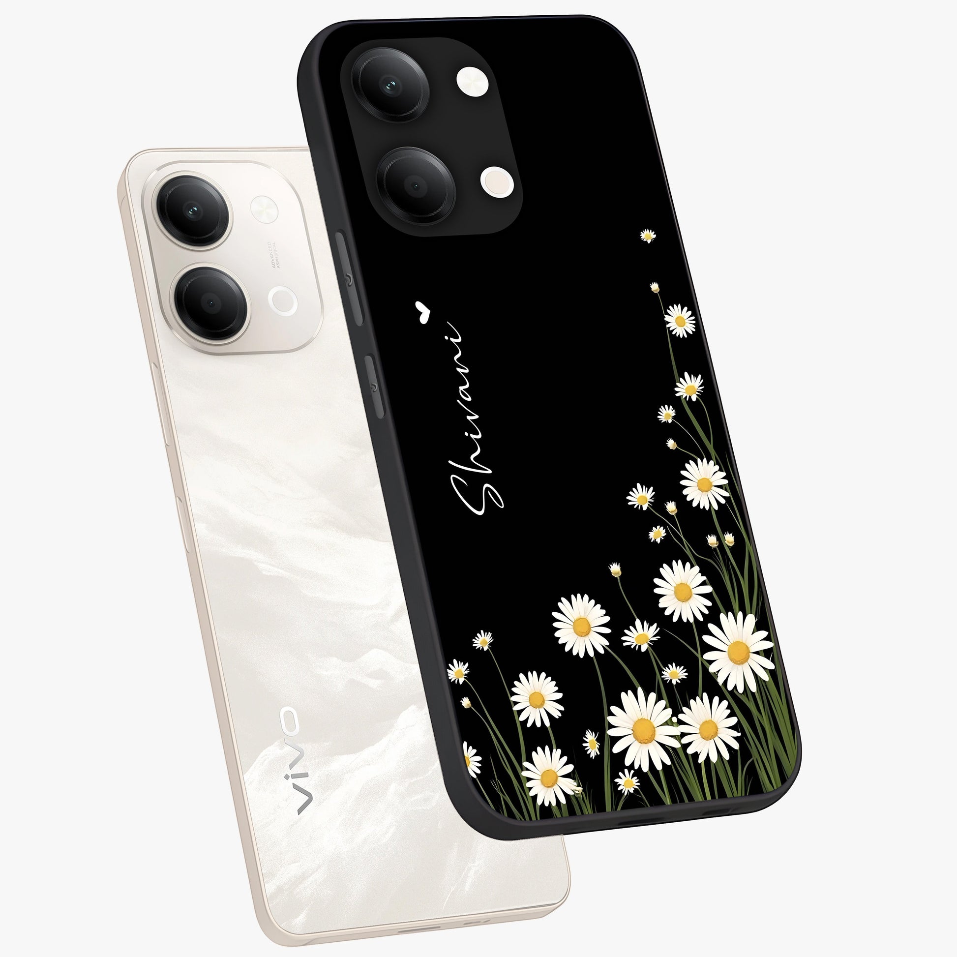 Daisy Cascade Custom Name Glass Case displayed in angled mockup highlighting delicate daisy artwork with custom name feature.