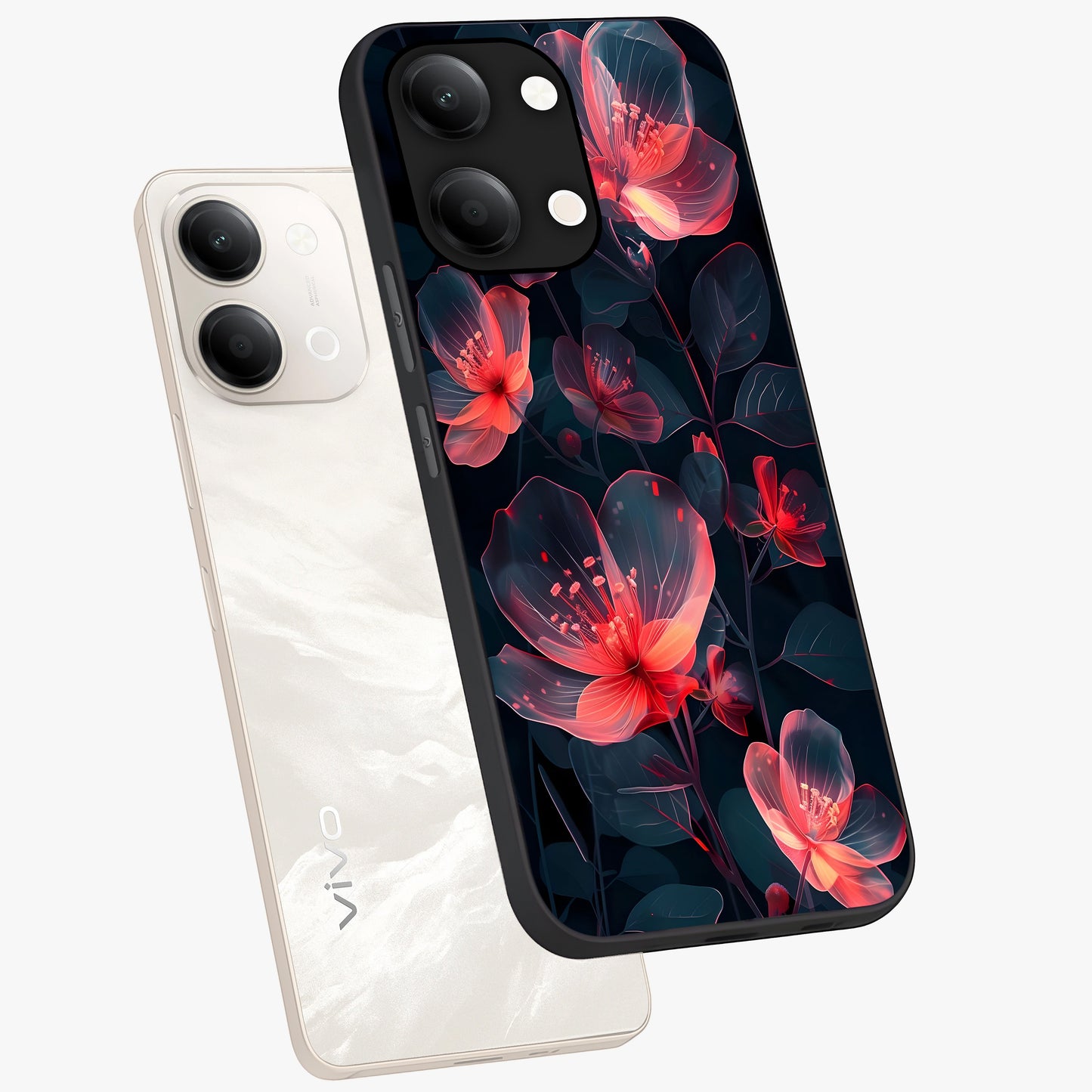 Dark Shade of Flower Glass Case displayed in angled mockup highlighting moody floral illustration with aesthetic dark tones.