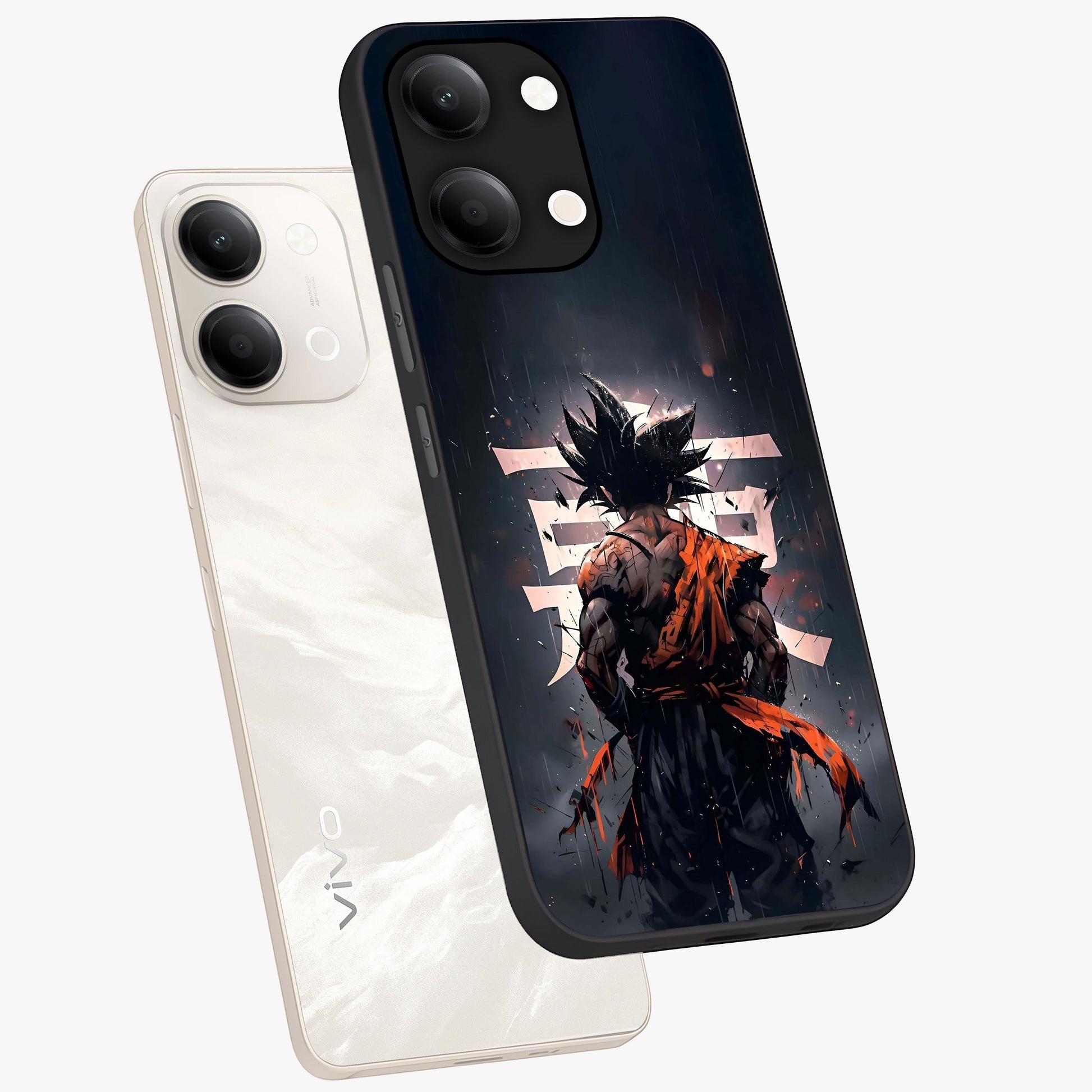 Dark Warrior In Rain Glass Case displayed in angled mockup highlighting dramatic warrior illustration with dark rain aesthetic.