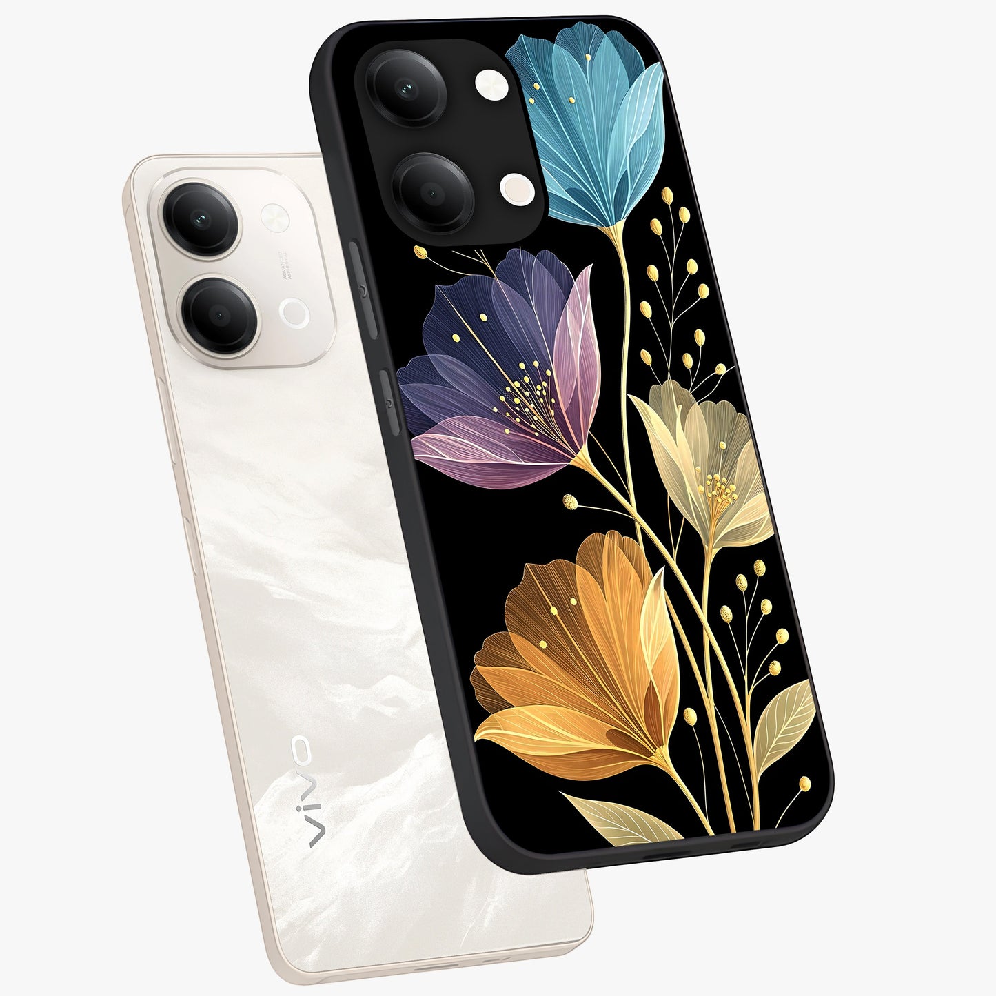 Delicate Multicolor Flowers Glass Case displayed in angled mockup highlighting colorful flower pattern with soft aesthetic style.