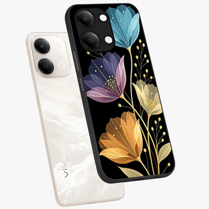 Delicate Multicolor Flowers Glass Case displayed in angled mockup highlighting colorful flower pattern with soft aesthetic style.