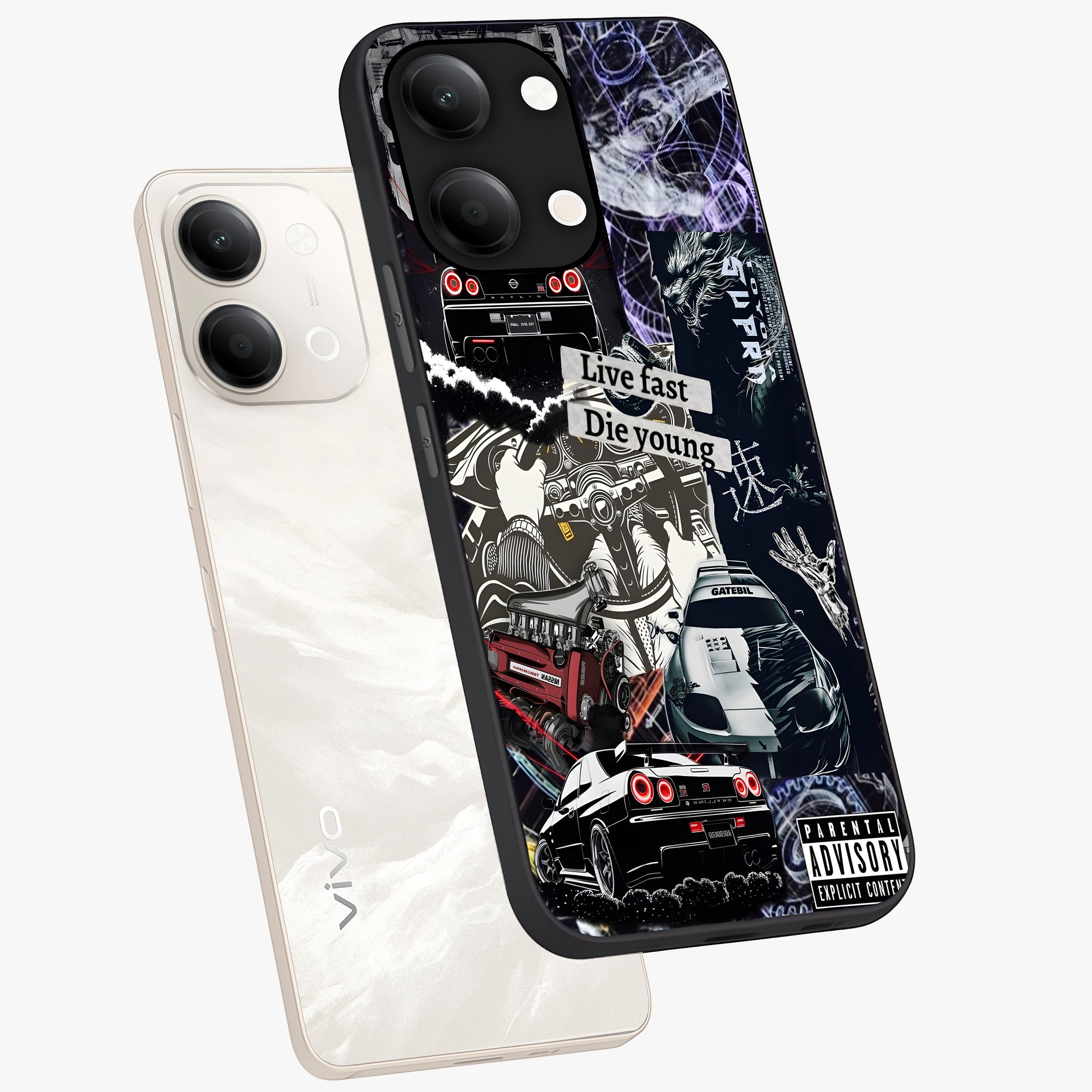 Die Young Glass Case displayed in angled mockup highlighting expressive graphic artwork with edgy aesthetic style.