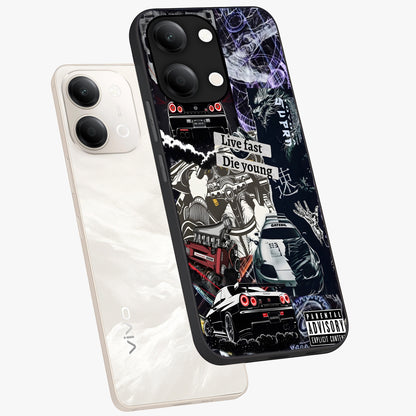 Die Young Glass Case displayed in angled mockup highlighting expressive graphic artwork with edgy aesthetic style.