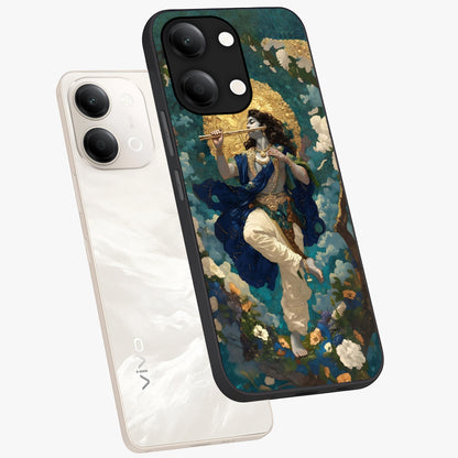 Divine Krishna Art Glass Case displayed in angled mockup highlighting spiritual Krishna illustration with devotional aesthetic.
