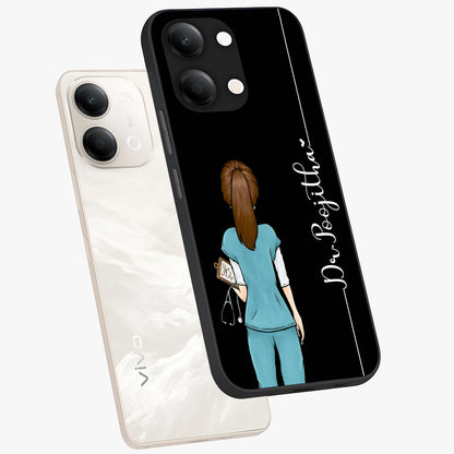 Doctor Pattern Custom Name Glass Case displayed in angled mockup highlighting doctor inspired artwork with custom name feature.